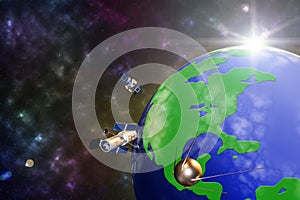 3d image illustration model several communication satellite orbiting the earth in galaxy background