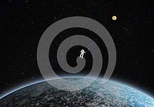 3d image illustration One statue or plastic model astronaut or spaceman floating alone in space galaxy with planet and copy space