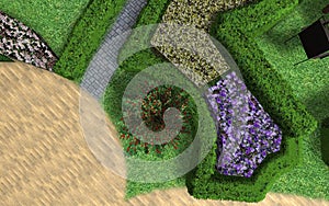 3d image of landscape design of a personal plot. Clipped hedge garden with green cabinets.