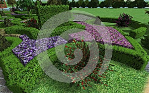 3d image of landscape design of a personal plot. Clipped hedge garden with green cabinets.