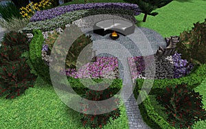 3d image of landscape design of a personal plot. Clipped hedge garden with green cabinets.