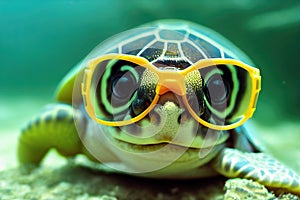 3D-image of little cute turtle baby smiling, wearing a swimglasses