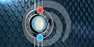 3d image of metal scales background with big digital fingerprint authorisation block and two glowing padlock icons