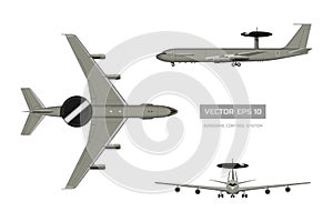 3d image of military aircraft. Top, front and side jet view. Army airplane with airborne warning and control system
