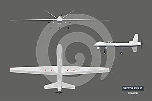 3d image of military drone. Top, front and side view. Army aircraft for intelligence and attack