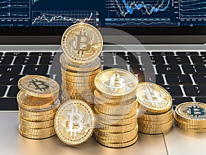 3d image render of gold bitcoin coins on modern laptop