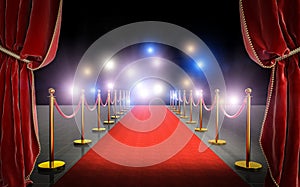 3d image render of a red carpet with velvet curtains and flash in the background