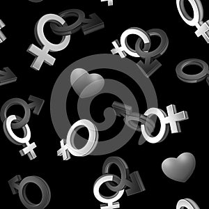3D image, rendering Seamless pattern on a black background. The symbol of gender, gender. Venus, Mars. Heterosexual