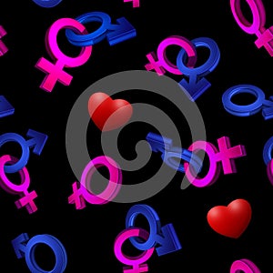 3D image, rendering Seamless pattern on a black background. The symbol of gender. Valentine's Day. Venus, Mars