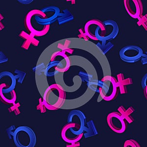 3D image, rendering Seamless pattern on a blue background. The symbol of gender. Valentine's Day. Venus, Mars