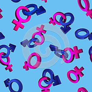 3D image, rendering Seamless pattern on a blue background. The symbol of gender. Valentine's Day. Venus, Mars