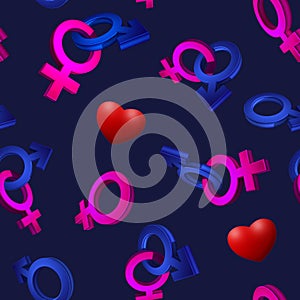 3D image, rendering Seamless pattern on a blue background. The symbol of gender. Valentine's Day. Venus, Mars