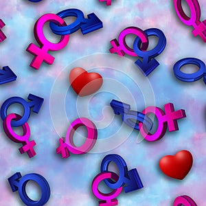3D image, rendering Seamless pattern on a blue background. The symbol of gender. Valentine's Day. Venus, Mars