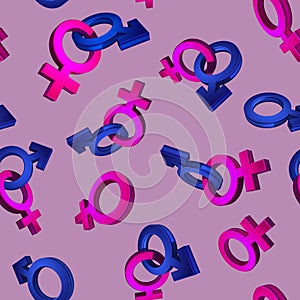 3D image, rendering Seamless pattern on a pink background. The symbol of gender. Valentine's Day. Venus, Mars