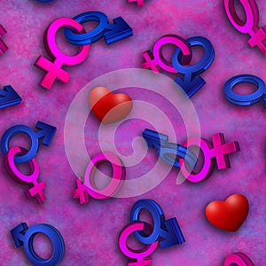 3D image, rendering Seamless pattern on a pink background. The symbol of gender. Valentine's Day. Venus, Mars