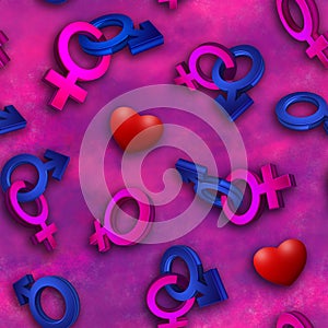 3D image, rendering Seamless pattern on a pink background. The symbol of gender. Valentine's Day. Venus, Mars