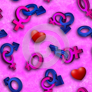 3D image, rendering Seamless pattern on a pink background. The symbol of gender. Valentine's Day. Venus, Mars