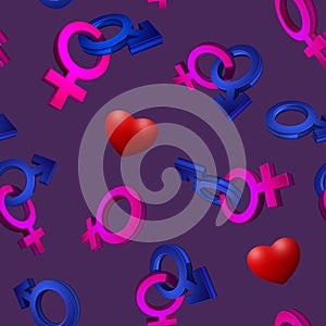 3D image, rendering Seamless pattern on a purple background. The symbol of gender. Valentine's Day. Venus, Mars