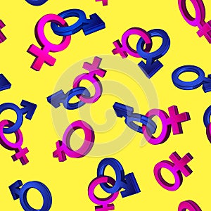 3D image, rendering Seamless pattern on a yellow background. The symbol of gender. Valentine's Day. Venus, Mars