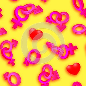 3D image, rendering Seamless pattern on a yellow background. The symbol of gender. Valentine's Day. Venus, Mars