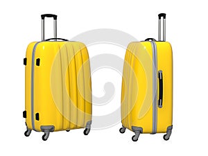 3d image of a yellow travel suitcase in two angles