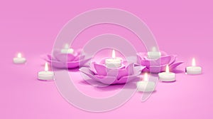 3D imaging. Candle in flower candlestick. minimalizm, one color. Relax, meditation. Pink