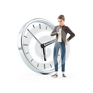 3d impatient cartoon man standing in front of clock