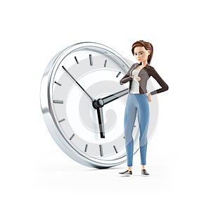 3d impatient cartoon woman standing in front of clock