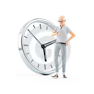 3d impatient senior man standing in front of clock