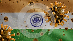 3D, Indian flag waving with Coronavirus outbreak. India Covid 19