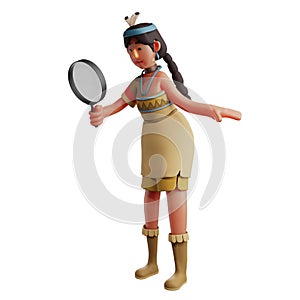 3D Indian Girl Cartoon Illustration holding a magnifying glass