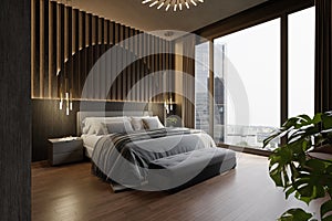 3D interior of dark bedroom, black walls, luxury room, apartment