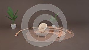 3d interior illustration of a furnished home apartment or lobby. Animation. Abstract layout with walls, chair, table