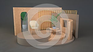 3d interior illustration of a furnished home apartment or lobby. Animation. Abstract layout with walls, chair, table