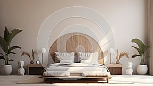 3D interior rendering of a bedroom with a wooden bed headboard.