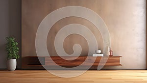 3D interior rendering of a built-in wooden shelving on a wooden wall and potted plant in living room.