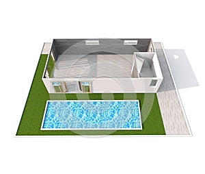 3d interior rendering of empty apartment with swimming pool