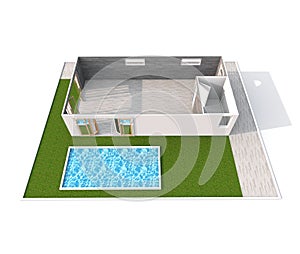 3d interior rendering of empty home with garden and swimming pool