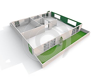 3d interior rendering oblique view of empty paper model home apartment