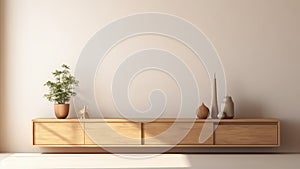 3D interior rendering of a potted plant, built-in wooden shelving on wall in the living room.