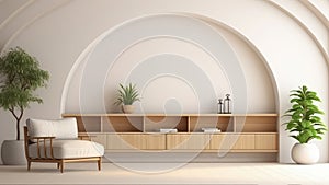 3D interior rendering of a white upholstery chair, potted plant with a concrete arch on wall background in living room.