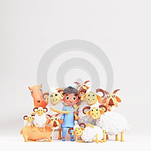 3D Islamic Boy Standing With Cartoon Sheep, Camel, Goat And Copy Space On Gray Background For Islamic Festival