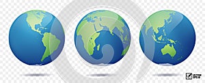 3D isolated vector earth, globe with view of the continents of North and South America, Europe, Asia, Africa