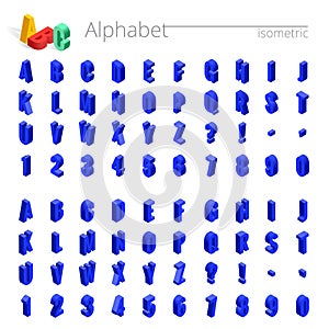 3d isometric alphabet vector font. Isometric letters, numbers and symbols. Three-Dimensional stock vector typography for