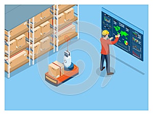 3D isometric automated warehouse robots and Smart warehouse technology Concept with Warehouse Automation System and Autonomous