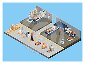 3D isometric automated warehouse robots and Smart warehouse technology Concept with Warehouse Automation System and Autonomous