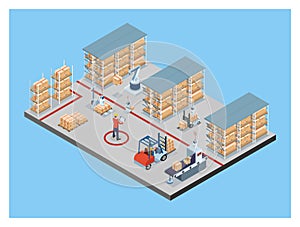 3D isometric automated warehouse robots and Smart warehouse technology Concept with Warehouse Automation System and Robot