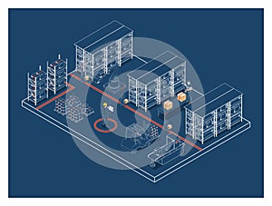 3D isometric automated warehouse robots and Smart warehouse technology Concept with Warehouse Automation System and Robot