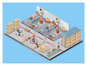 3D isometric automated warehouse robots and Smart warehouse technology Concept with Warehouse Automation System and Robot