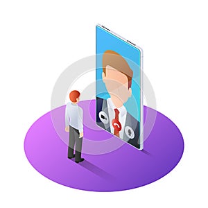 3d isometric businessman having video call with boss on smartphone